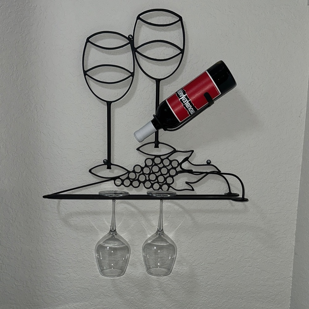 Black Metal Wine Rack with Glass Holder
